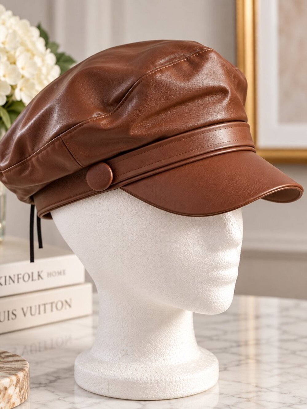 Brown Faux Leather Newsboy Cap Baker Boy Hat Vintage Chic